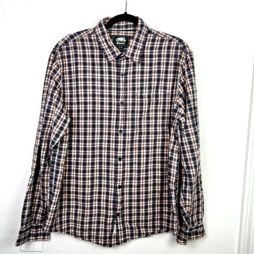 Roots Plaid Men's Button-Down Shirt Red Blue Size XL  100% Cotton Casual Top